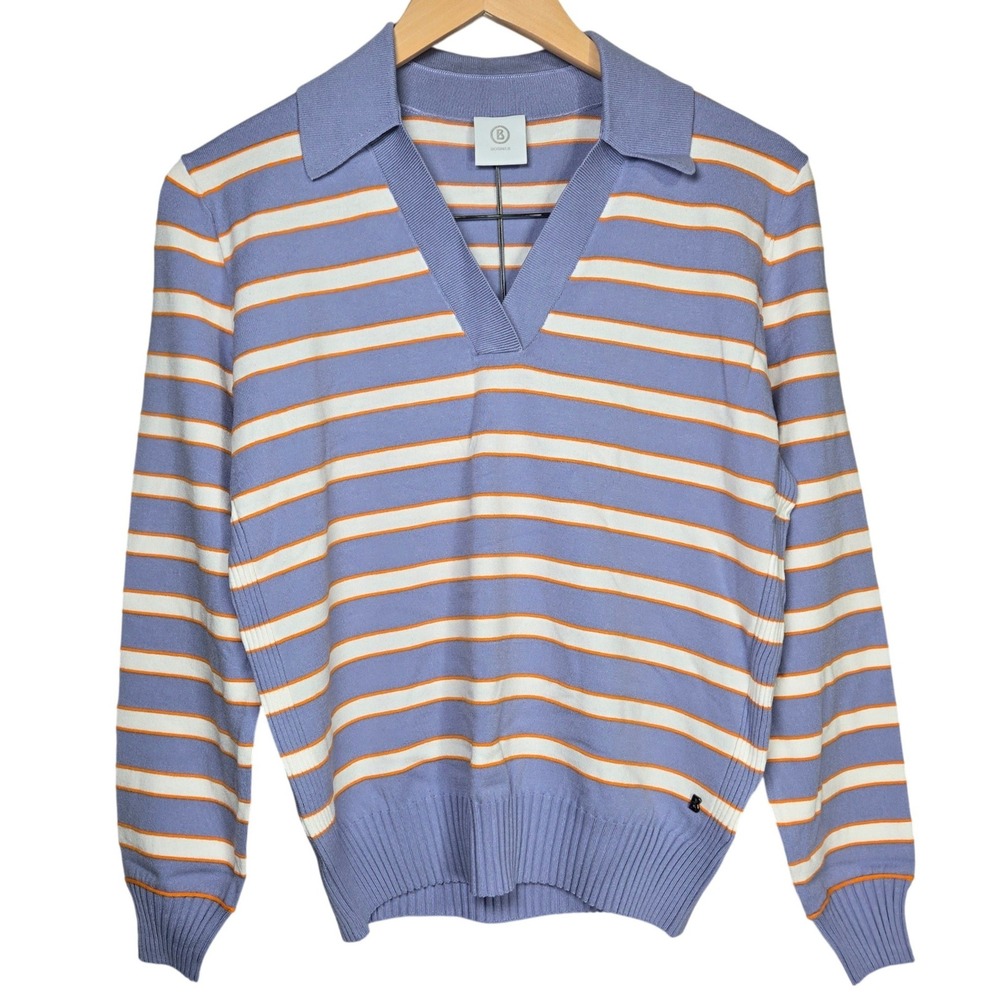 BOGNER Alma Striped Knit Polo‎ Sweater Periwinkle Orange White Size EU 34 US 4
